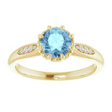 14K Gold Round Natural Aquamarine & Natural Diamond Accented Ring – 6mm Stones - Yellow Gold - view 3