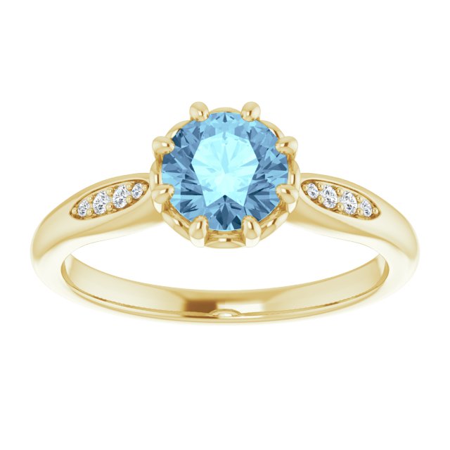 14K Gold Round Natural Aquamarine & Natural Diamond Accented Ring – 6mm Stones - Yellow Gold - view 3