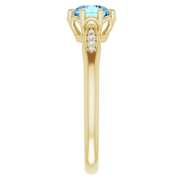 14K Gold Round Natural Aquamarine & Natural Diamond Accented Ring – 6mm Stones - Yellow Gold - view 4