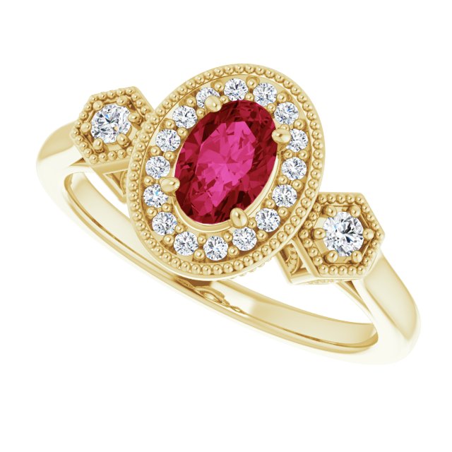 14K Gold Oval Lab-Grown Ruby & Natural Diamond Halo-Style Ring – 6x4mm - Yellow Gold - view 5