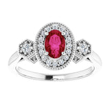 14K Gold Oval Lab-Grown Ruby & Natural Diamond Halo-Style Ring – 6x4mm - White Gold - view 3