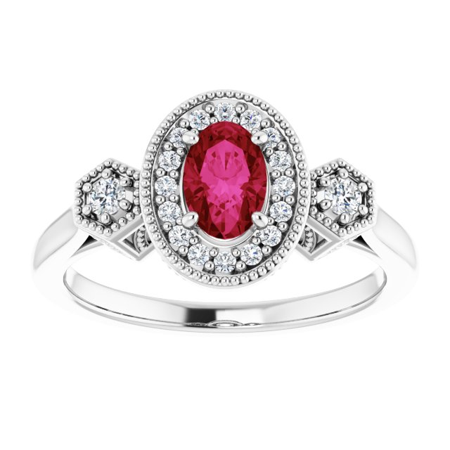 14K Gold Oval Lab-Grown Ruby & Natural Diamond Halo-Style Ring – 6x4mm - White Gold - view 3