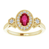 14K Gold Oval Lab-Grown Ruby & Natural Diamond Halo-Style Ring – 6x4mm - Yellow Gold - view 3