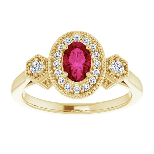 14K Gold Oval Lab-Grown Ruby & Natural Diamond Halo-Style Ring – 6x4mm - Yellow Gold - view 3