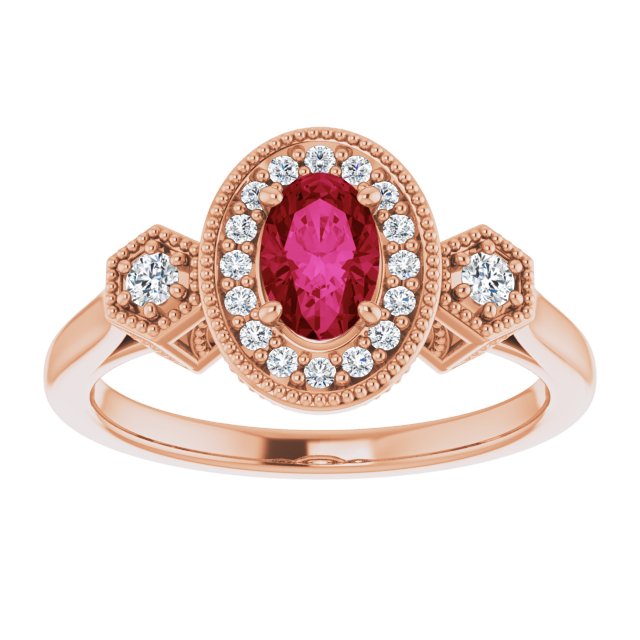 14K Gold Oval Lab-Grown Ruby & Natural Diamond Halo-Style Ring – 6x4mm - Rose Gold - view 3