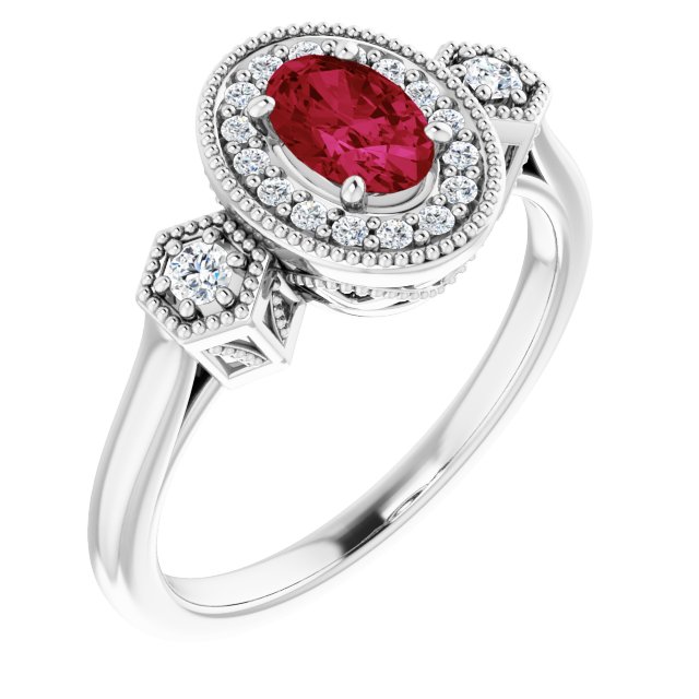 14K Gold Oval Lab-Grown Ruby & Natural Diamond Halo-Style Ring – 6x4mm - White Gold