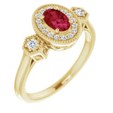 14K Gold Oval Lab-Grown Ruby & Natural Diamond Halo-Style Ring – 6x4mm - Yellow Gold
