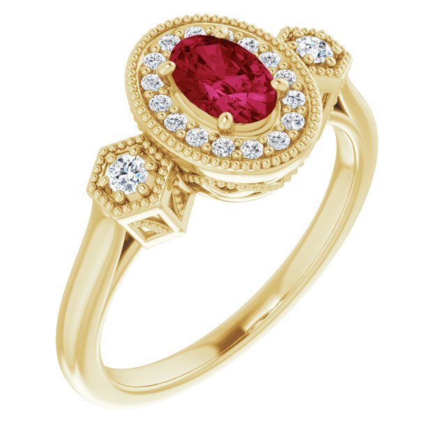 14K Gold Oval Lab-Grown Ruby & Natural Diamond Halo-Style Ring – 6x4mm - Yellow Gold