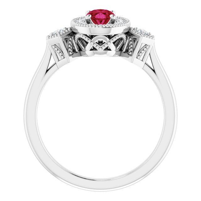 14K Gold Oval Lab-Grown Ruby & Natural Diamond Halo-Style Ring – 6x4mm - White Gold - view 2
