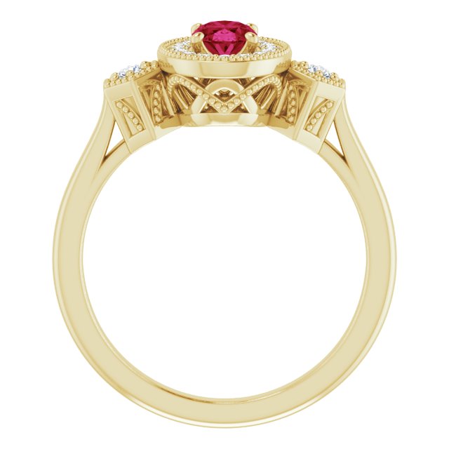 14K Gold Oval Lab-Grown Ruby & Natural Diamond Halo-Style Ring – 6x4mm - Yellow Gold - view 2