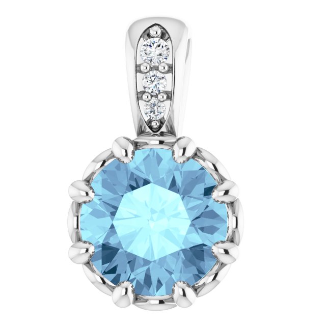 14K Gold Round Natural Aquamarine & Natural Diamond Accented Pendant - White Gold