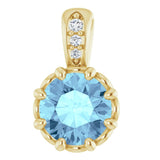 14K Gold Round Natural Aquamarine & Natural Diamond Accented Pendant - Yellow Gold