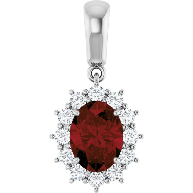 14K Gold Oval Natural Mozambique Garnet & Natural Diamond Halo-Style Necklace or Pendant – 1/3 CTW - White Gold