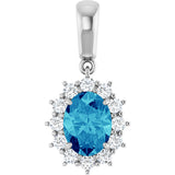 14K Gold Oval Natural Blue Zircon & Natural Diamond Halo-Style Necklace or Pendant - White Gold