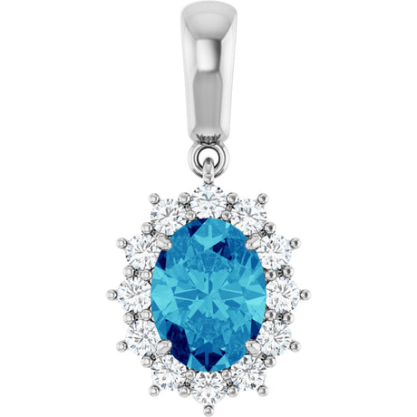 14K Gold Oval Natural Blue Zircon & Natural Diamond Halo-Style Necklace or Pendant - White Gold