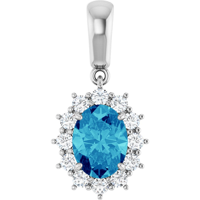 14K Gold Oval Natural Blue Zircon & Natural Diamond Halo-Style Necklace or Pendant - White Gold