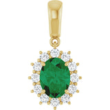 14K Gold Oval Lab-Grown Emerald & Natural Diamond Halo-Style Necklace or Pendant - Yellow Gold