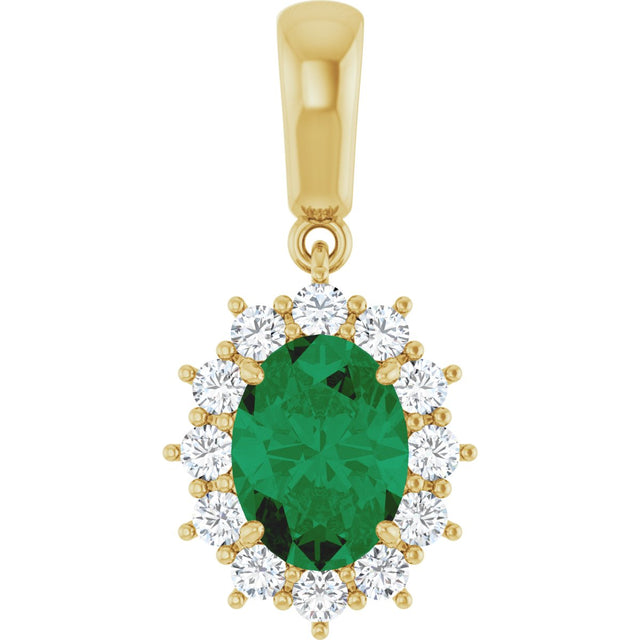 14K Gold Oval Lab-Grown Emerald & Natural Diamond Halo-Style Necklace or Pendant - Yellow Gold