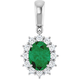 14K Gold Oval Lab-Grown Emerald & Natural Diamond Halo-Style Necklace or Pendant - White Gold
