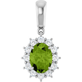 14K Gold Oval Natural Peridot & Natural Diamond Halo-Style Necklace or Pendant - White Gold