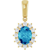 14K Gold Oval Natural Blue Zircon & Natural Diamond Halo-Style Necklace or Pendant - Yellow Gold