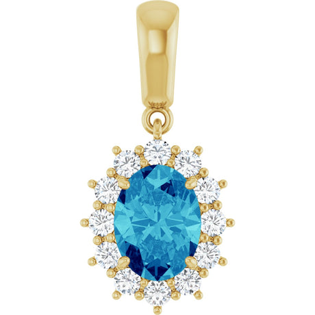 14K Gold Oval Natural Blue Zircon & Natural Diamond Halo-Style Necklace or Pendant - Yellow Gold