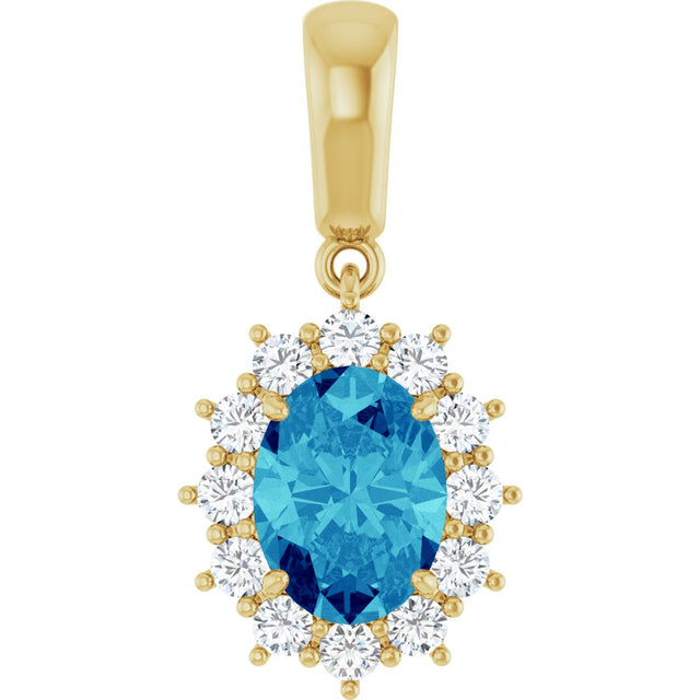 14K Gold Oval Natural Blue Zircon & Natural Diamond Halo-Style Necklace or Pendant - Yellow Gold