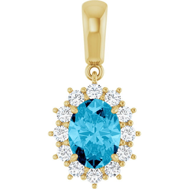 14K Gold Oval Natural Aquamarine & Natural Diamond Halo-Style Necklace or Pendant - Yellow Gold