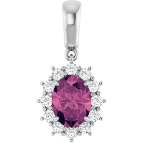 14K Gold Oval Natural Pink Tourmaline & Natural Diamond Halo-Style Necklace or Pendant – 1/3 CTW - White Gold