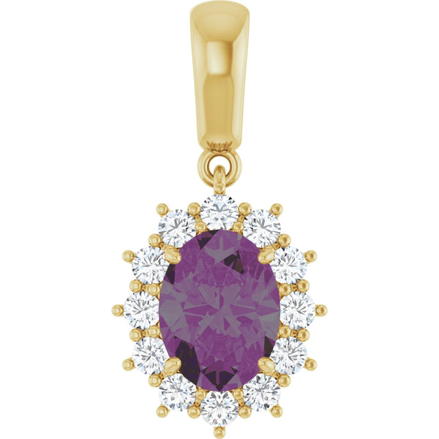 14K Gold Oval Lab-Grown Alexandrite & Natural Diamond Halo-Style Necklace or Pendant - Yellow Gold