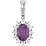 14K Gold Oval Lab-Grown Alexandrite & Natural Diamond Halo-Style Necklace or Pendant - White Gold