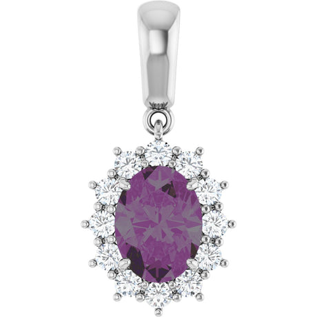 14K Gold Oval Lab-Grown Alexandrite & Natural Diamond Halo-Style Necklace or Pendant - White Gold
