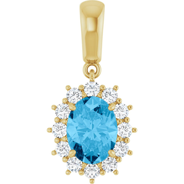 14K Gold Oval Natural Swiss Blue Topaz & Natural Diamond Halo-Style Necklace or Pendant – 1/3 CTW - Yellow Gold