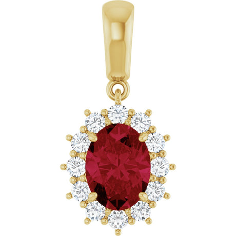 14K Gold Oval Lab-Grown Ruby & Natural Diamond Halo-Style Necklace or Pendant - Yellow Gold