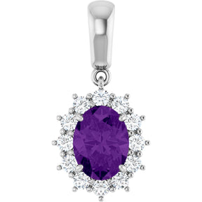 14K Gold Oval Natural Amethyst & Natural Diamond Halo-Style Necklace or Pendant - White Gold
