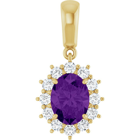 14K Gold Oval Natural Amethyst & Natural Diamond Halo-Style Necklace or Pendant - Yellow Gold