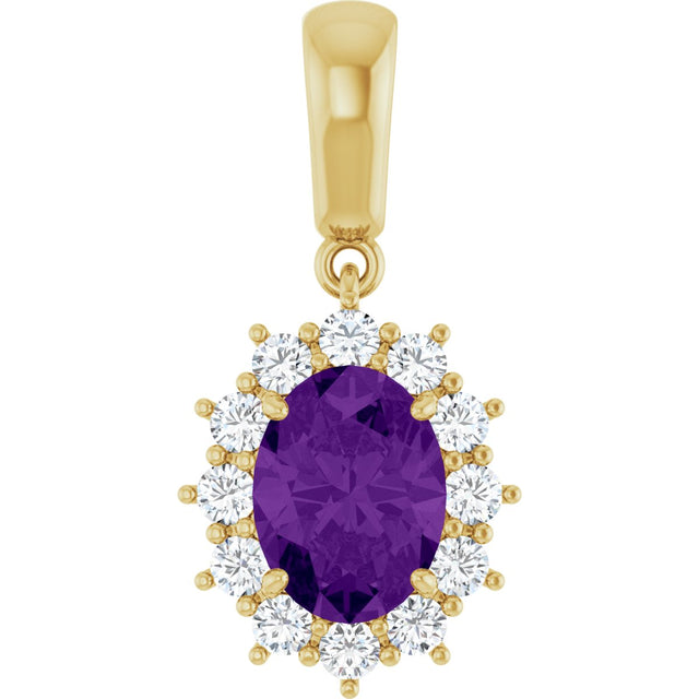 14K Gold Oval Natural Amethyst & Natural Diamond Halo-Style Necklace or Pendant - Yellow Gold