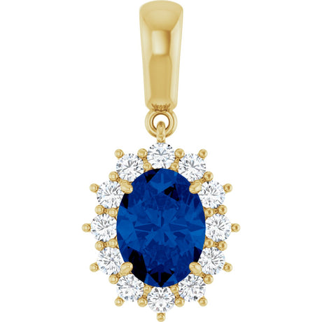 14K Gold Oval Lab-Grown Blue Sapphire & Natural Diamond Halo-Style Necklace or Pendant – 1/3 CTW - Yellow Gold