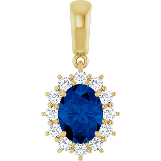 14K Gold Oval Lab-Grown Blue Sapphire & Natural Diamond Halo-Style Necklace or Pendant – 1/3 CTW - Yellow Gold