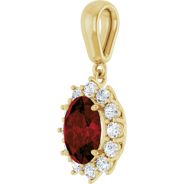 14K Gold Oval Natural Mozambique Garnet & Natural Diamond Halo-Style Necklace or Pendant – 1/3 CTW - Yellow Gold - view 2