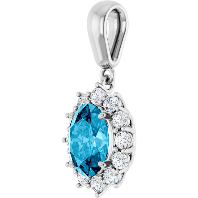 14K Gold Oval Natural Aquamarine & Natural Diamond Halo-Style Necklace or Pendant - White Gold - view 2