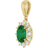 14K Gold Oval Lab-Grown Emerald & Natural Diamond Halo-Style Necklace or Pendant - Yellow Gold - view 2