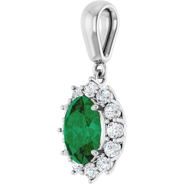 14K Gold Oval Lab-Grown Emerald & Natural Diamond Halo-Style Necklace or Pendant - White Gold - view 2