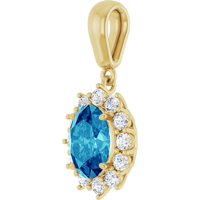 14K Gold Oval Natural Blue Zircon & Natural Diamond Halo-Style Necklace or Pendant - Yellow Gold - view 2