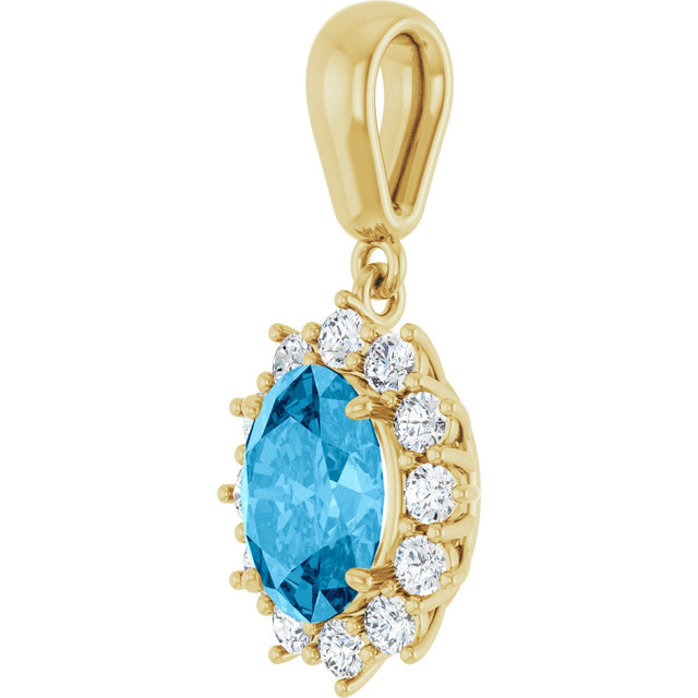 14K Gold Oval Natural Swiss Blue Topaz & Natural Diamond Halo-Style Necklace or Pendant – 1/3 CTW - Yellow Gold - view 2