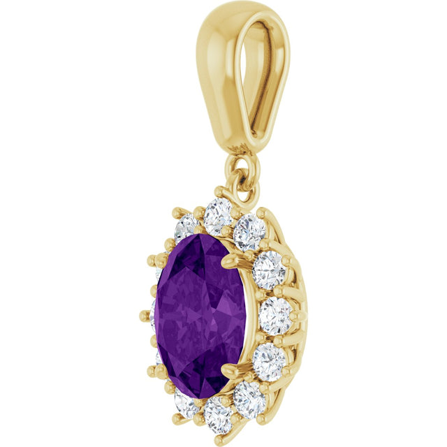 14K Gold Oval Natural Amethyst & Natural Diamond Halo-Style Necklace or Pendant - Yellow Gold - view 2