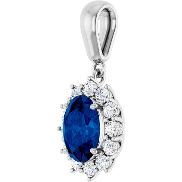 14K Gold Oval Lab-Grown Blue Sapphire & Natural Diamond Halo-Style Necklace or Pendant – 1/3 CTW - White Gold - view 2