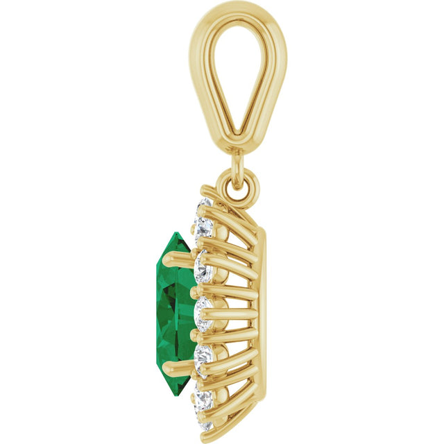 14K Gold Oval Lab-Grown Emerald & Natural Diamond Halo-Style Necklace or Pendant - Yellow Gold - view 3