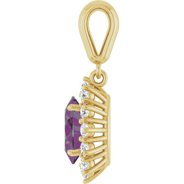 14K Gold Oval Lab-Grown Alexandrite & Natural Diamond Halo-Style Necklace or Pendant - Yellow Gold - view 3