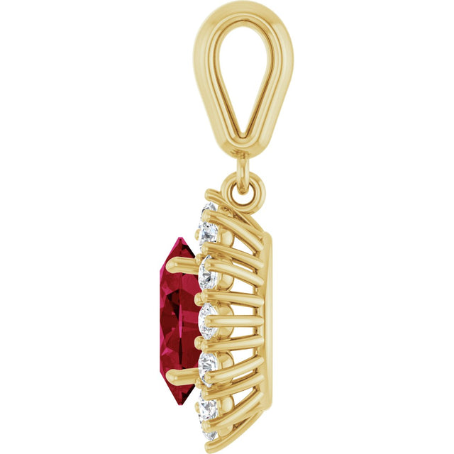 14K Gold Oval Lab-Grown Ruby & Natural Diamond Halo-Style Necklace or Pendant - Yellow Gold - view 3